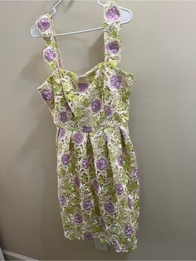 Just Me Crochet flower Appliqués lavender/green/Ivory Midi Dress Size L
